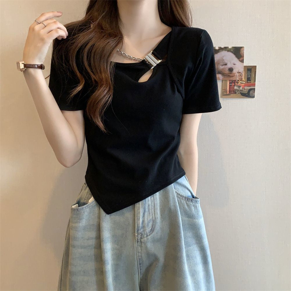 Slim Fit And Thin Cover Belly Hot Girl Irregular Short-sleeved T-shirt For Women - Black / S