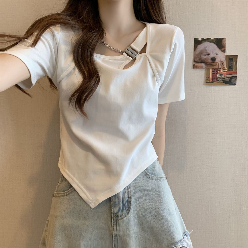 Slim Fit And Thin Cover Belly Hot Girl Irregular Short-sleeved T-shirt For Women - White / S