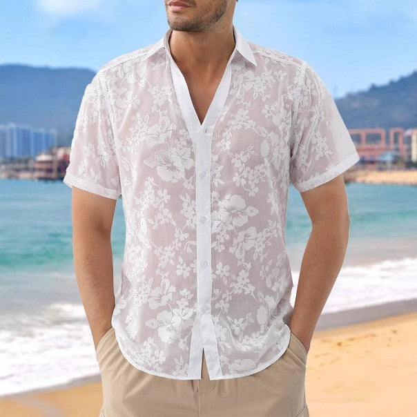 Hawaiian Jacquard Shirt Transparent Cutout Short Sleeve Thin Holiday Beach Shirt - White / S