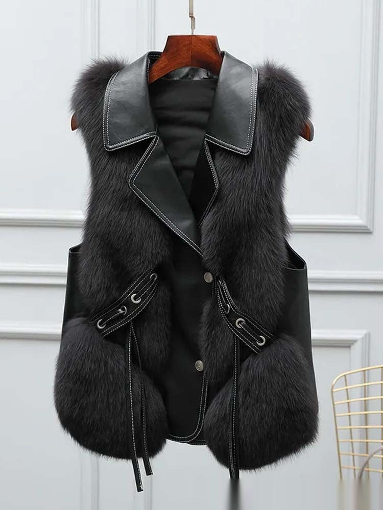 Fur Vests Coat Short Fox Vest - Black / S