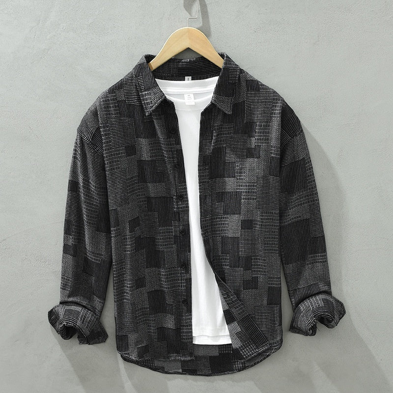 Jacquard Color Matching Casual Denim Long-sleeved Shirt Men’s Loose Shirt Coat - Black / M