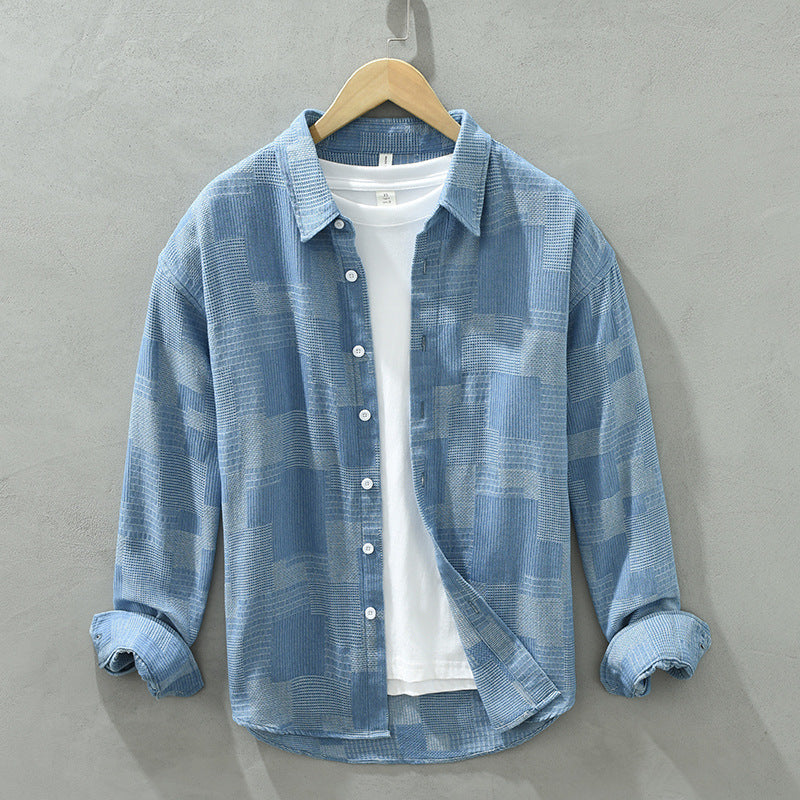 Jacquard Color Matching Casual Denim Long-sleeved Shirt Men’s Loose Shirt Coat - Light Blue / M