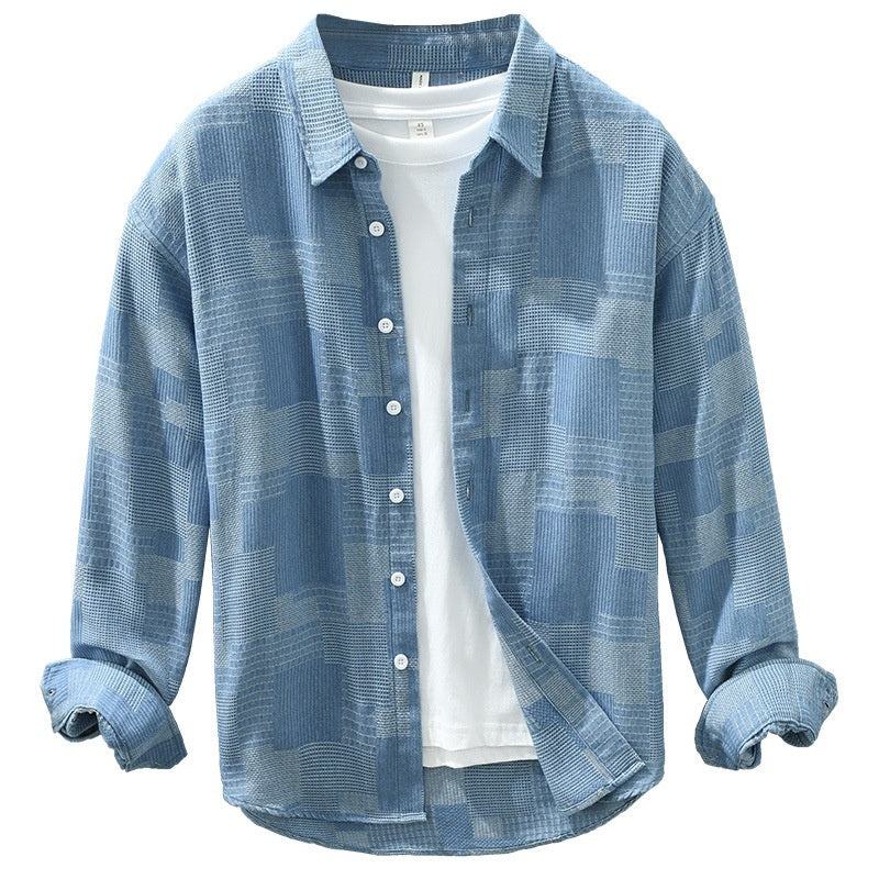 Jacquard Color Matching Casual Denim Long-sleeved Shirt Men’s Loose Shirt Coat
