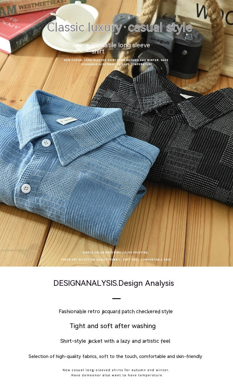 Jacquard Color Matching Casual Denim Long-sleeved Shirt Men’s Loose Shirt Coat