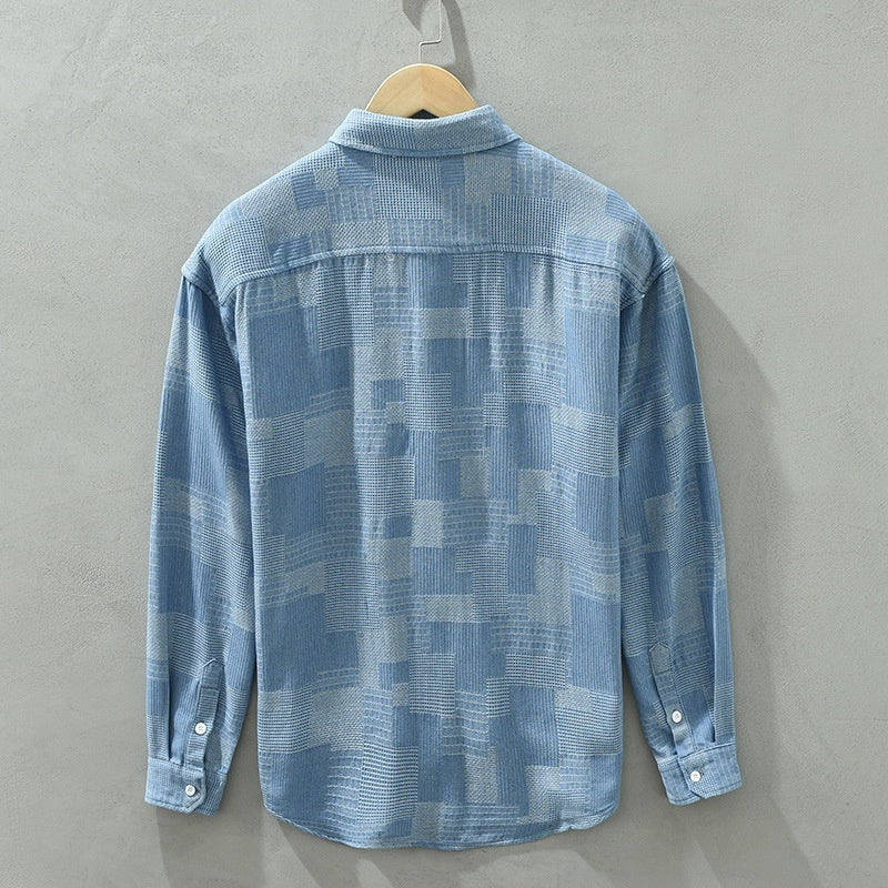 Jacquard Color Matching Casual Denim Long-sleeved Shirt Men’s Loose Shirt Coat
