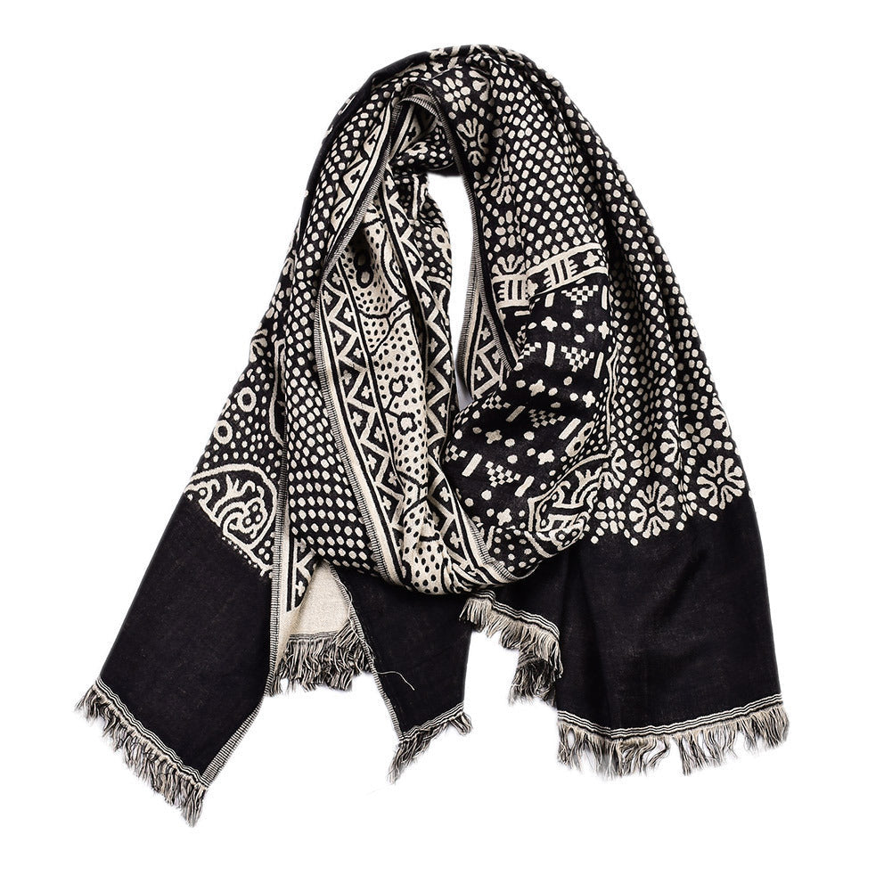 Cotton And Linen Yarn-dyed Scarf Short Beard Ethnic Style - Black / Above 175cm