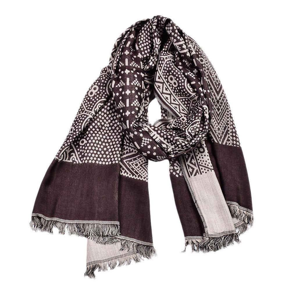 Cotton And Linen Yarn-dyed Scarf Short Beard Ethnic Style - Dark Red / Above 175cm
