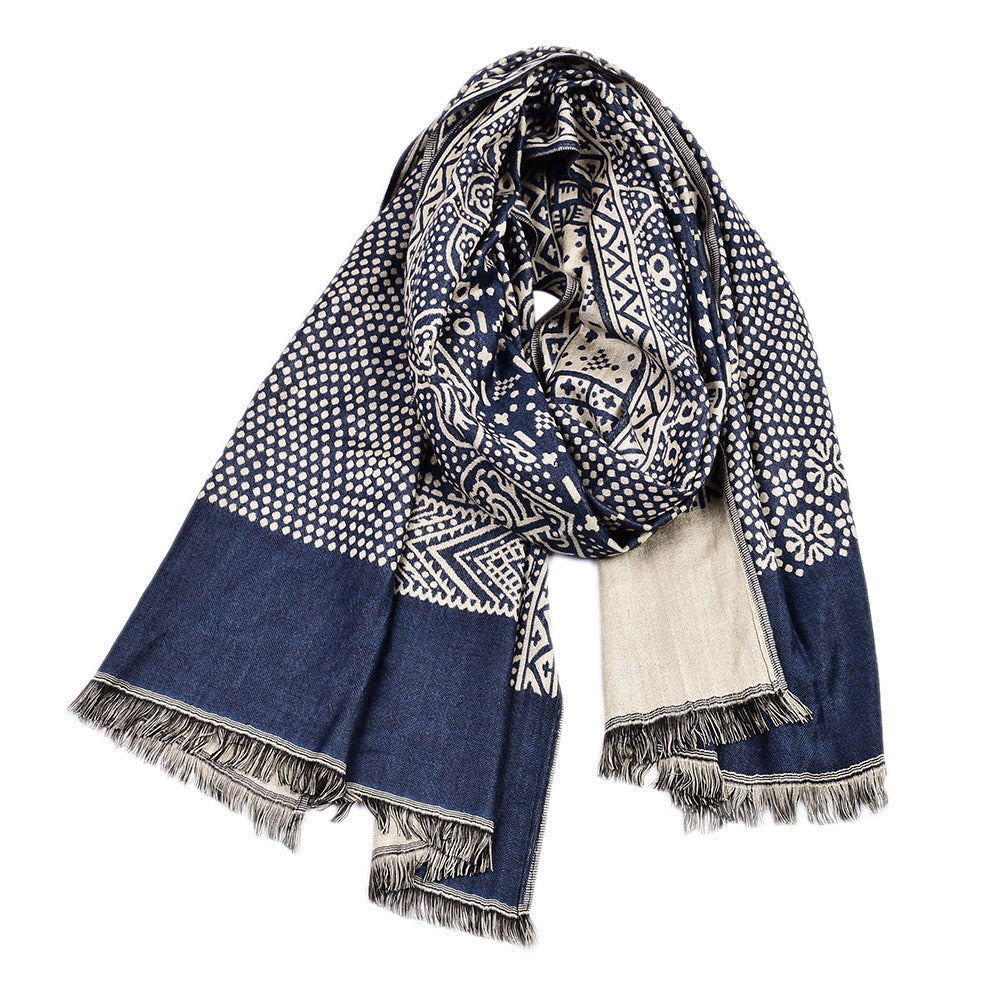 Cotton And Linen Yarn-dyed Scarf Short Beard Ethnic Style - Navy Blue / Above 175cm