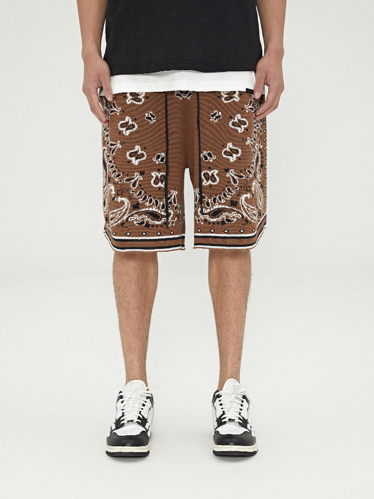 Boneless Cashew Jacquard Woolen Color-Blocking Shorts Sports Pants