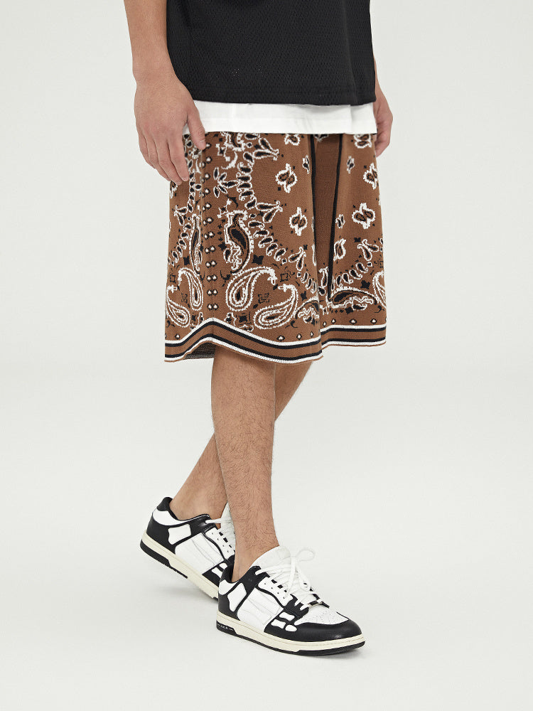 Boneless Cashew Jacquard Woolen Color-Blocking Shorts Sports Pants