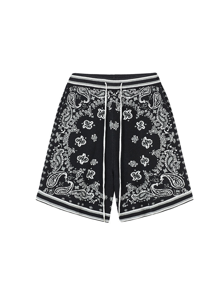 Boneless Cashew Jacquard Woolen Color-Blocking Shorts Sports Pants - Black / S