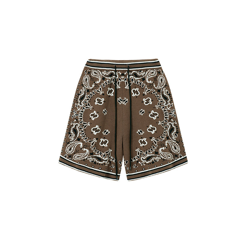 Boneless Cashew Jacquard Woolen Color-Blocking Shorts Sports Pants - Brown / S