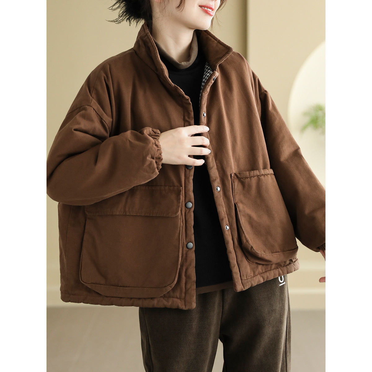 Women’s Thickening Plus Size-pocket Loose And Warm Cotton-padded Jacket - Brown / Free Size