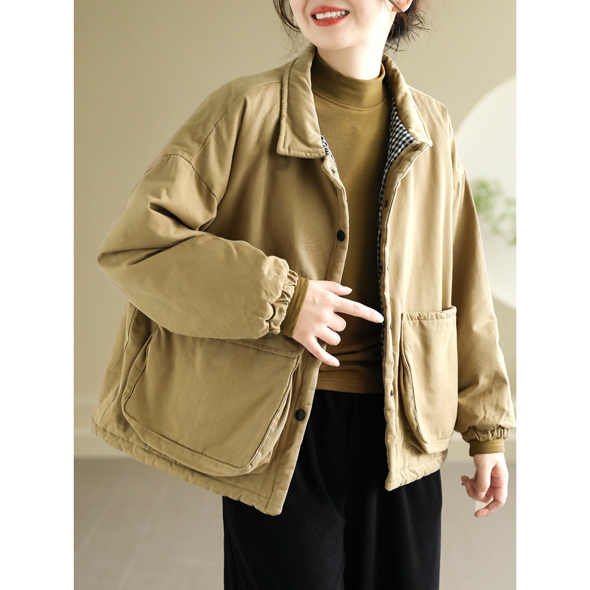 Women’s Thickening Plus Size-pocket Loose And Warm Cotton-padded Jacket - Khaki / Free Size