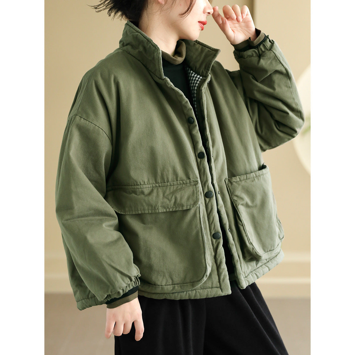 Women’s Thickening Plus Size-pocket Loose And Warm Cotton-padded Jacket - Green / Free Size