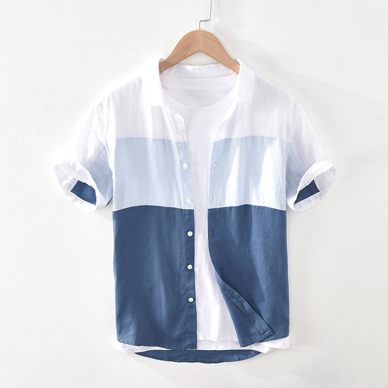 Men’s Patchwork Linen Short Sleeve Shirt - White / M