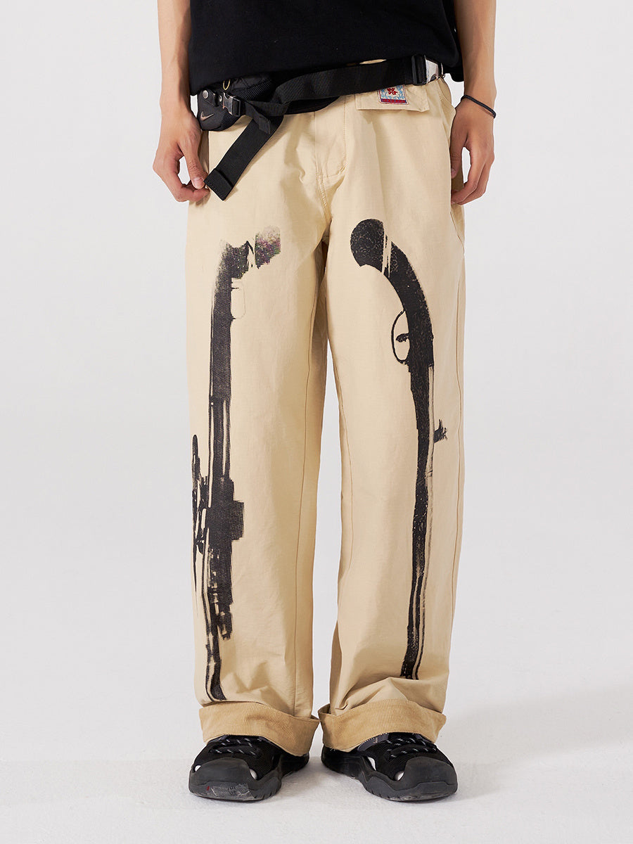 Japanese Retro National Trend Casual Wide Leg Long Pants Men - Khaki / XS