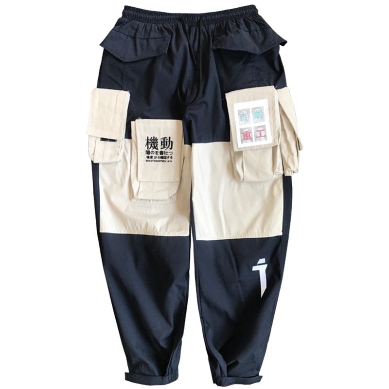 New men’s Japanese loose version of overalls fashion men’s large size stitching casual beam pants - Navy Blue / XL