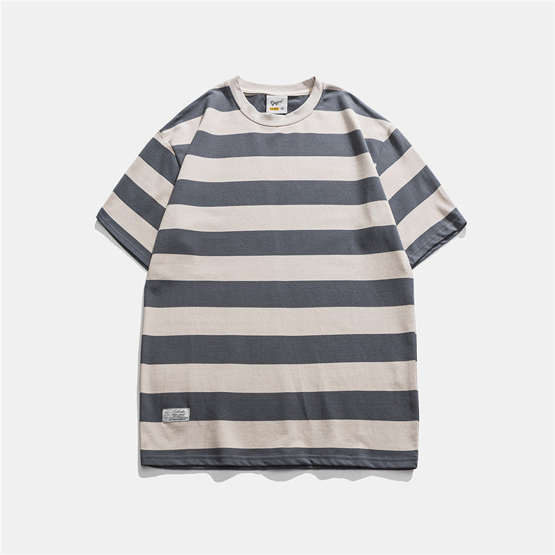 New Striped Short Sleeve Retro Striped Men - Grey / M