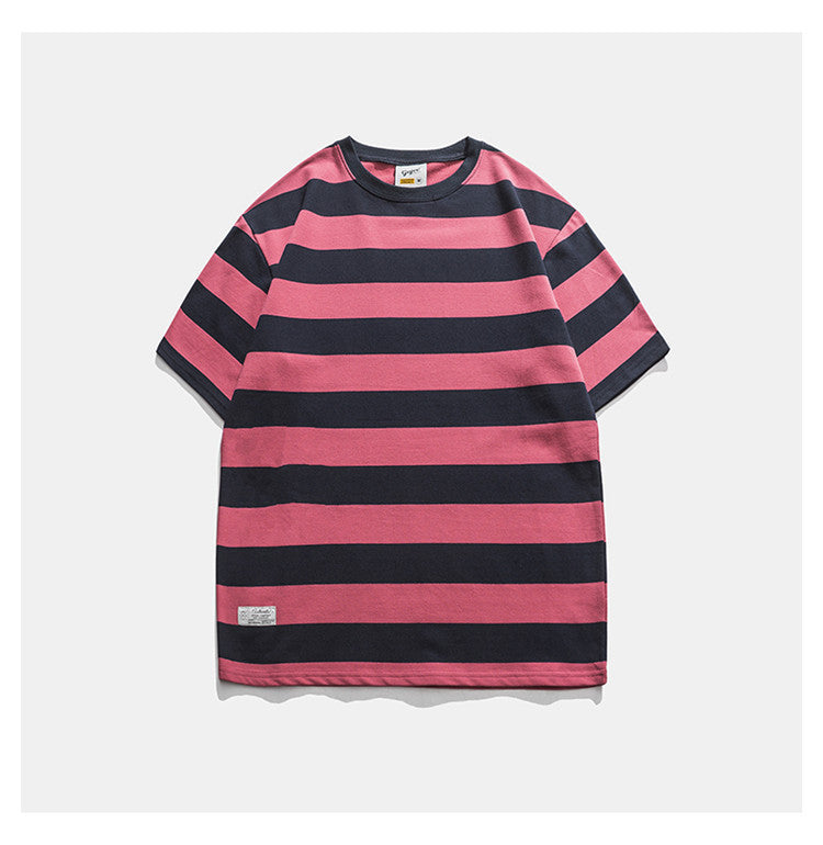 New Striped Short Sleeve Retro Striped Men - Red / M