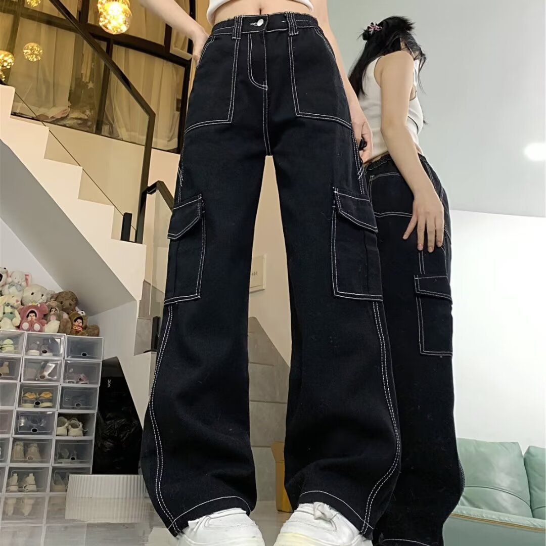 Jeans Women’s Straight Loose Spring Wide-leg Overalls