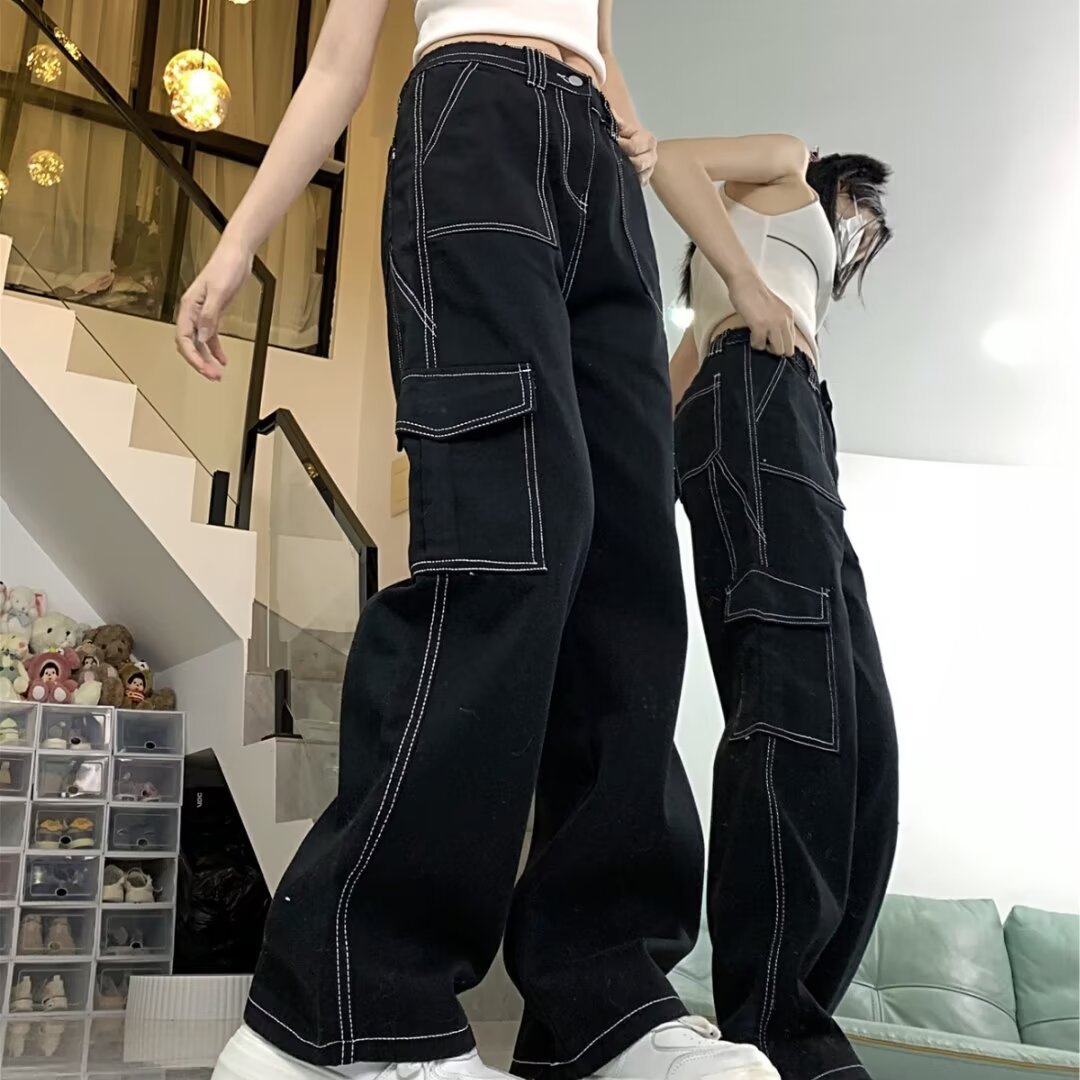 Jeans Women’s Straight Loose Spring Wide-leg Overalls - Black / XS