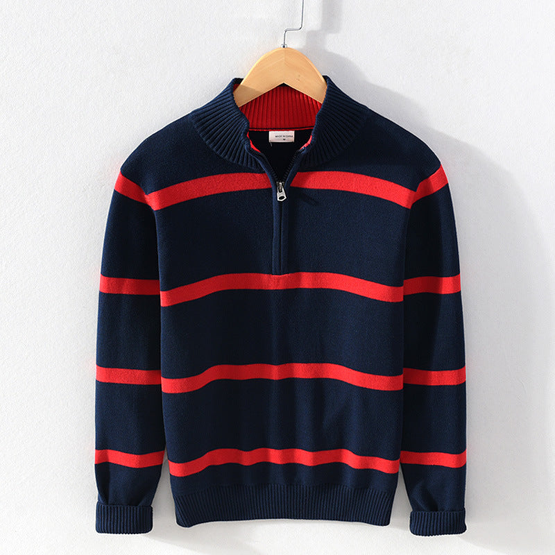 Turtleneck Men’s Cotton Wool Casual Half Zipper Sweater - Sapphire Blue Red / M