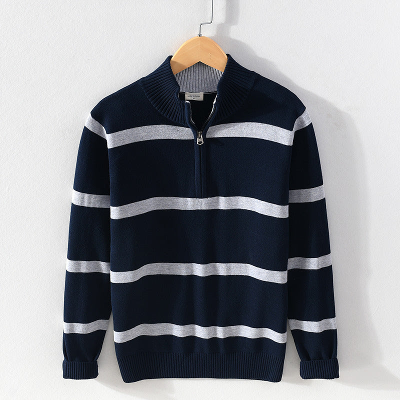 Turtleneck Men’s Cotton Wool Casual Half Zipper Sweater - Sapphire Blue & Gray / M