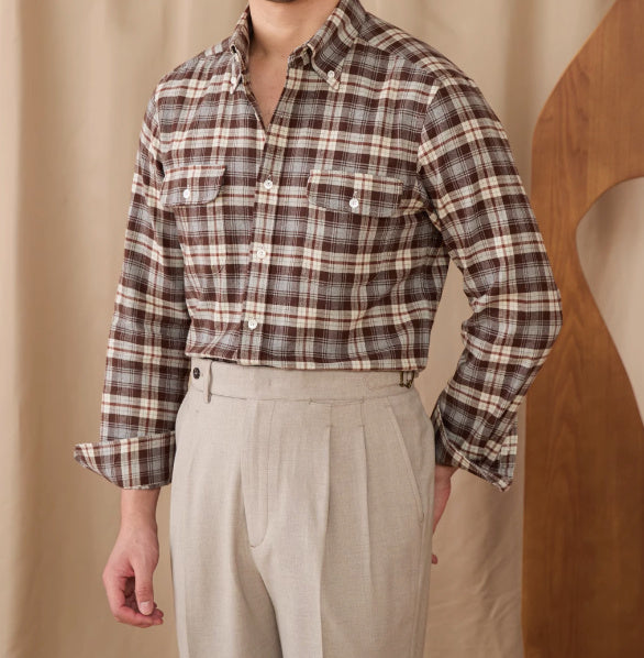 Retro Long Sleeved Shirt For Men - Brown / L