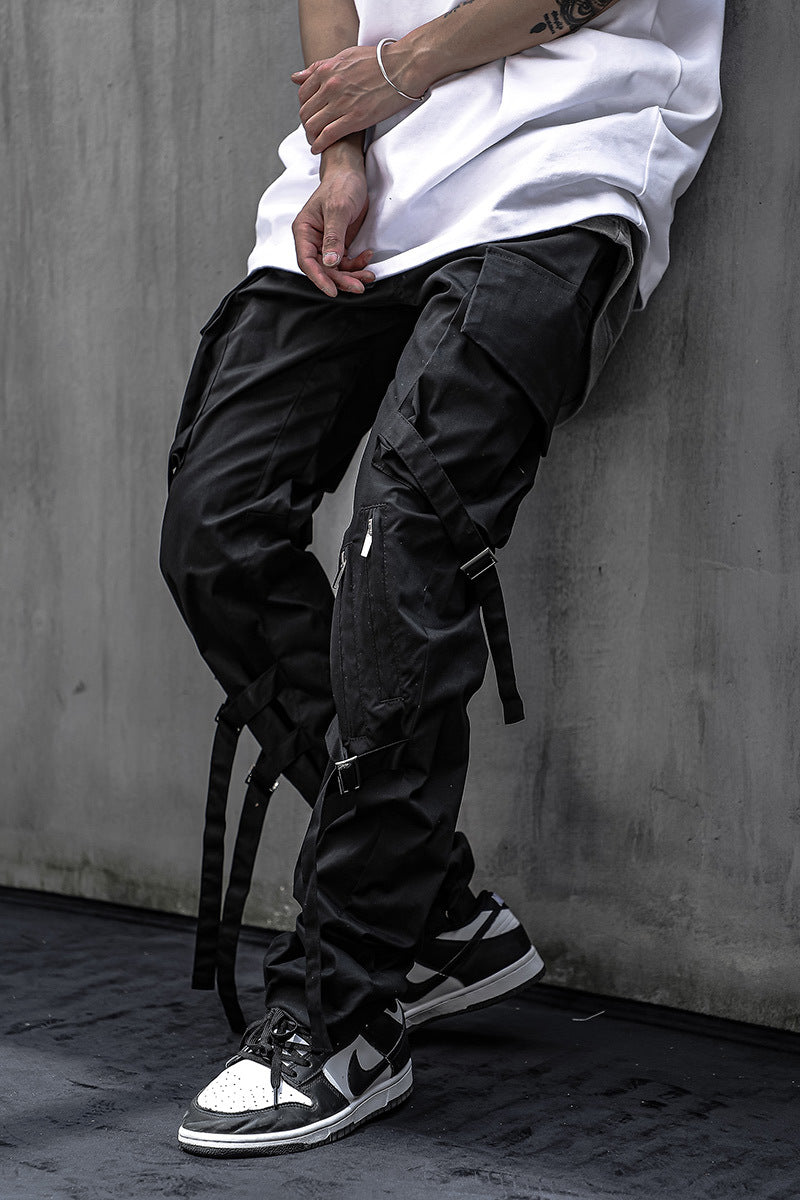 Double Webbing Pants Men’s Casual Black All-Match Overalls Personality Streamer Trousers