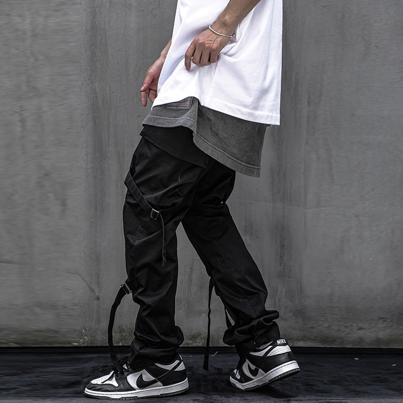 Double Webbing Pants Men’s Casual Black All-Match Overalls Personality Streamer Trousers