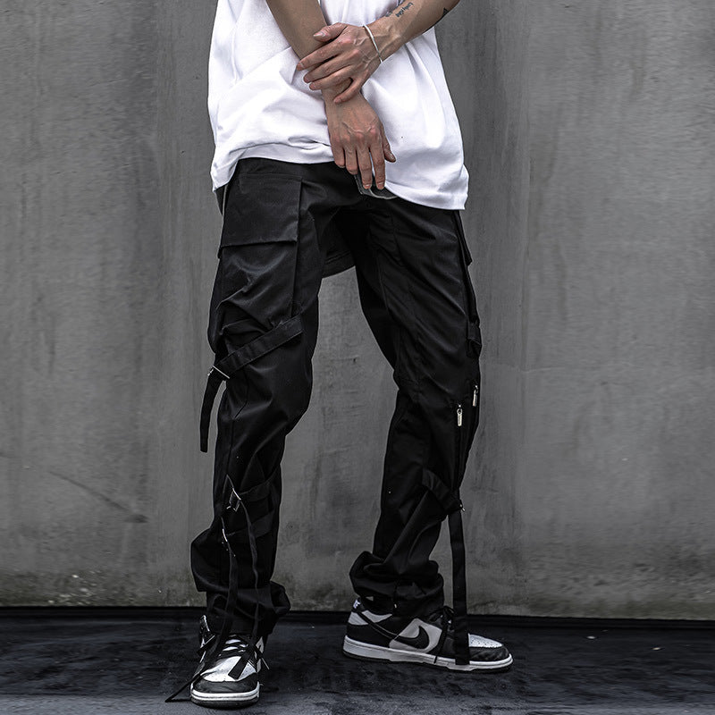 Double Webbing Pants Men’s Casual Black All-Match Overalls Personality Streamer Trousers