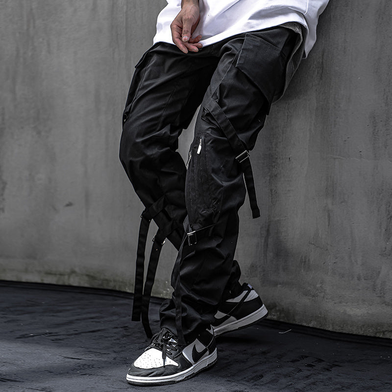 Double Webbing Pants Men’s Casual Black All-Match Overalls Personality Streamer Trousers