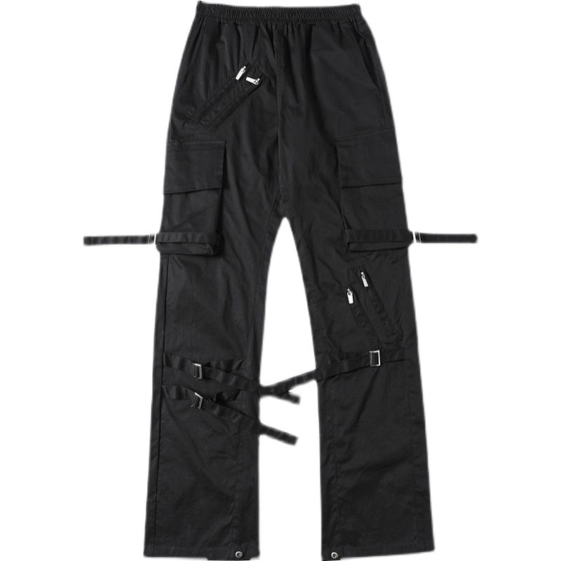 Double Webbing Pants Men’s Casual Black All-Match Overalls Personality Streamer Trousers - Black / M