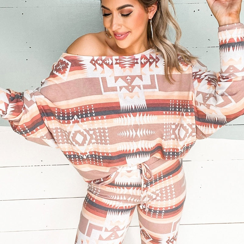 Pullover Long Sleeve Printed Two-piece Suit Homewear - Apricot / S