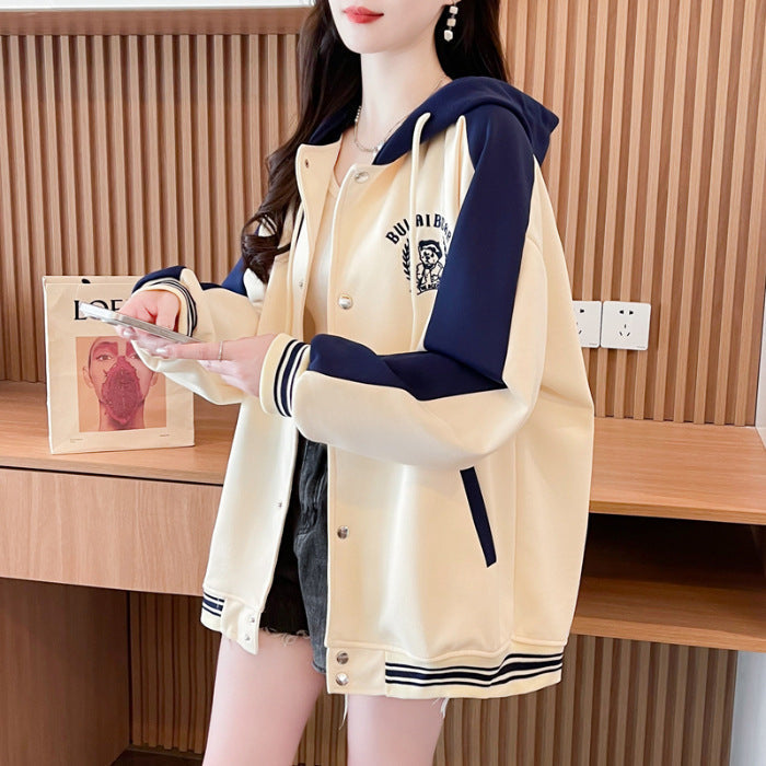 Casual Fashion Sweater Heavy Industry Cartoon Embroidery Contrast Color Baseball Uniform - Beige / M