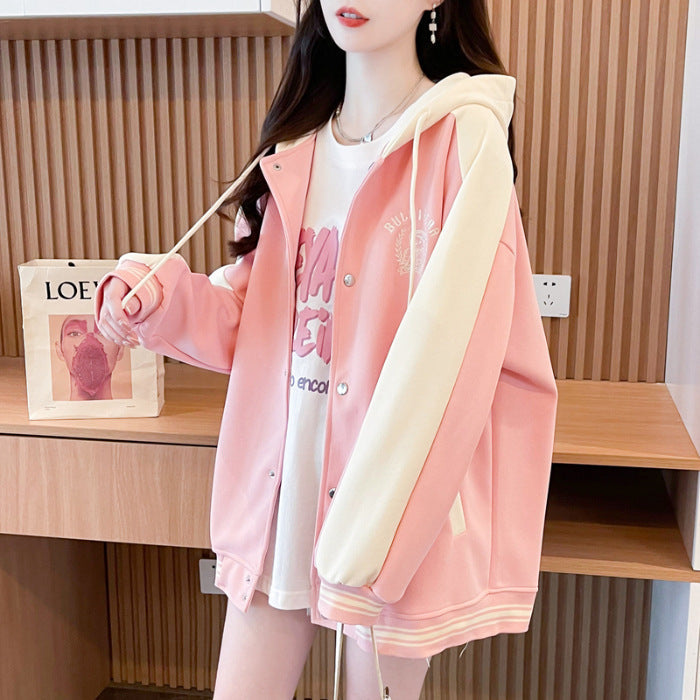 Casual Fashion Sweater Heavy Industry Cartoon Embroidery Contrast Color Baseball Uniform - Pink / M