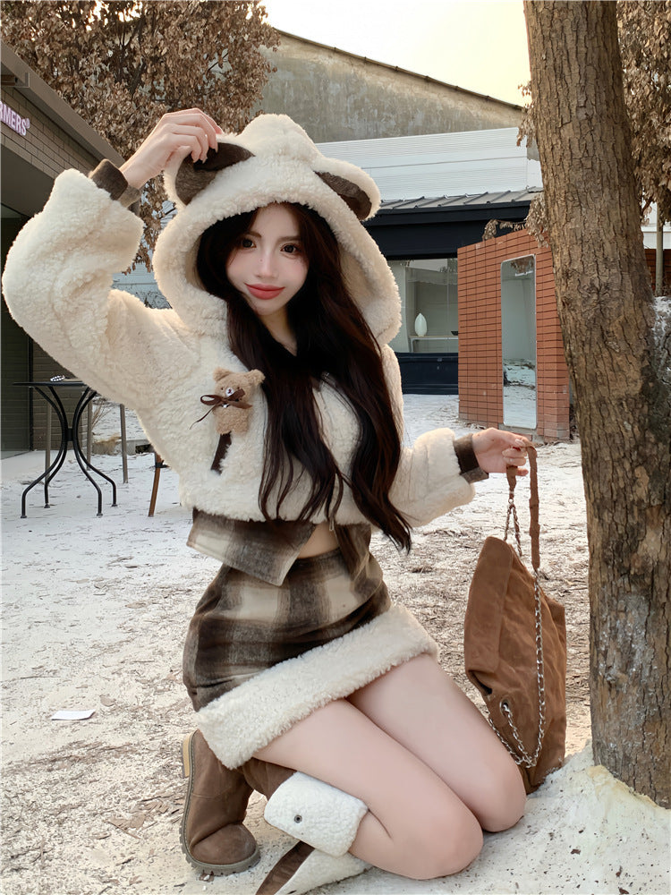 Cute Short Plush Quilted Waist Slimming Sheath Suit - Two Piece Suit / S