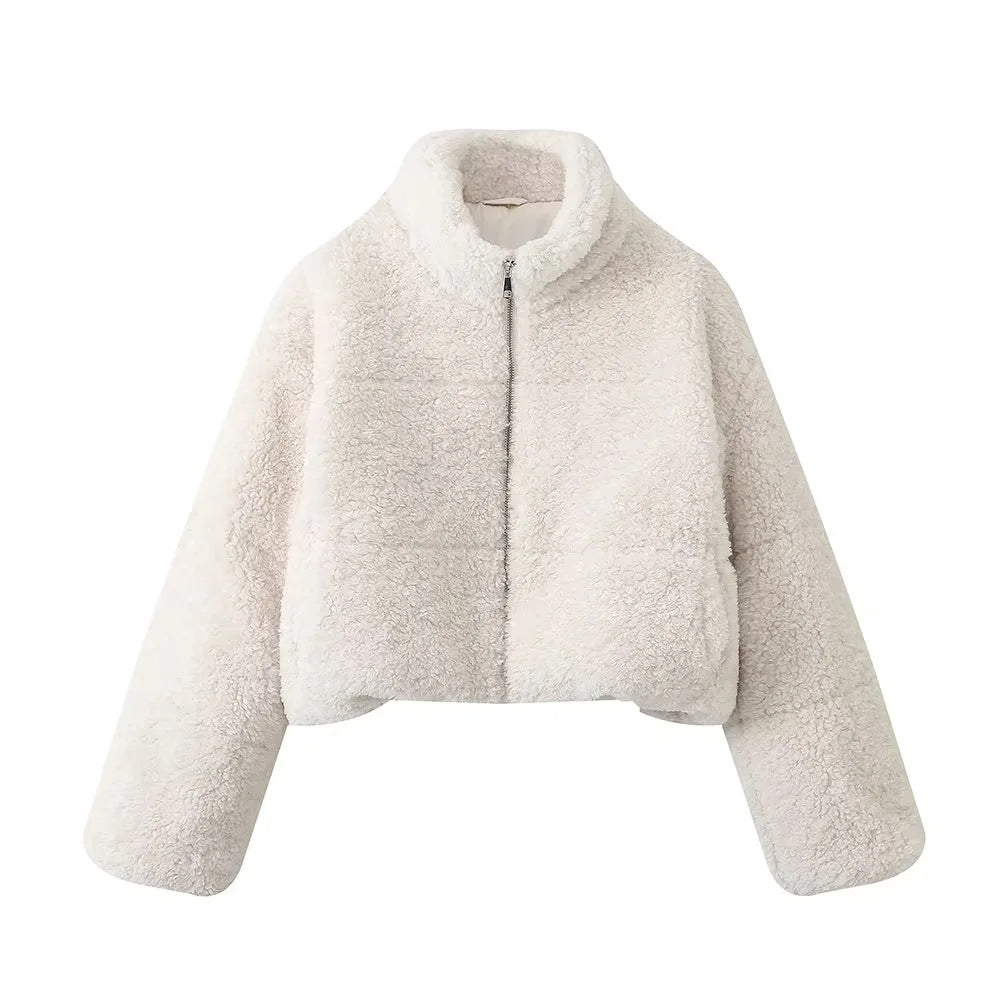 Fleece Short Cotton Jacket Jacket Coat - White / XS