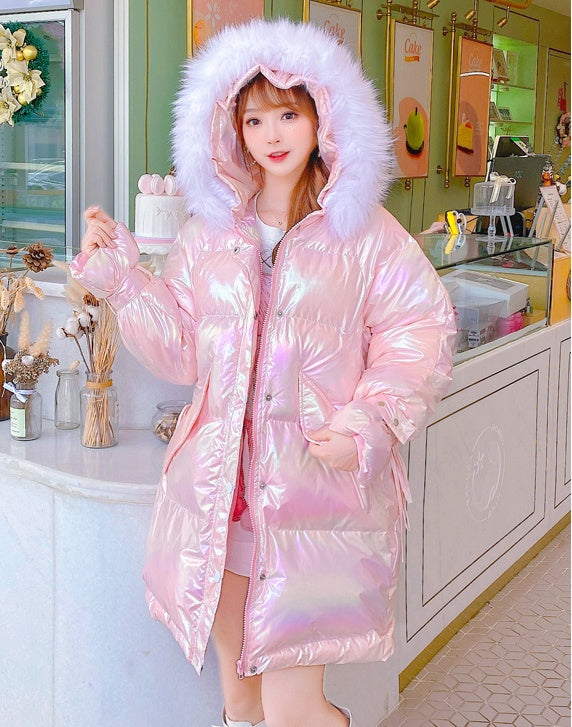 Colorful Shell-colored Down Jacket With Large Fur Collar