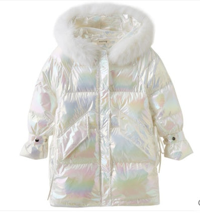Colorful Shell-colored Down Jacket With Large Fur Collar - White / S