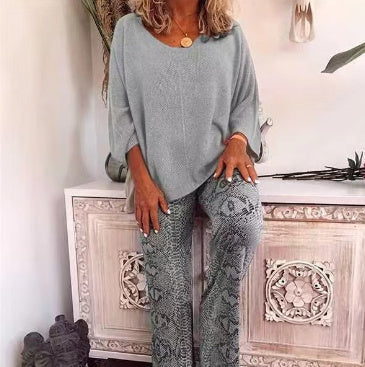 Solid Color Top Printed Trousers Suit - Gray / S