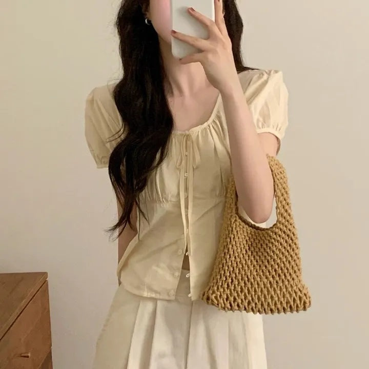 Single-breasted Lace Up Short Shirt French Small Top - Apricot / Free Size