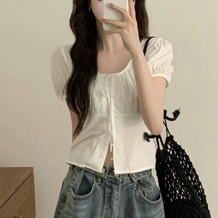 Single-breasted Lace Up Short Shirt French Small Top - White / Free Size