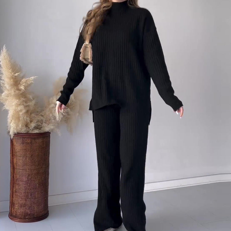 Crew Neck Casual Knitwear Wide Leg Pants Two-piece Set - Black / XS