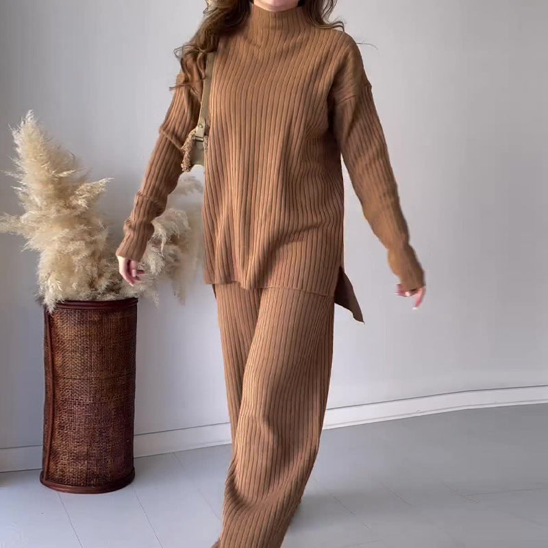 Crew Neck Casual Knitwear Wide Leg Pants Two-piece Set - Camel / XS