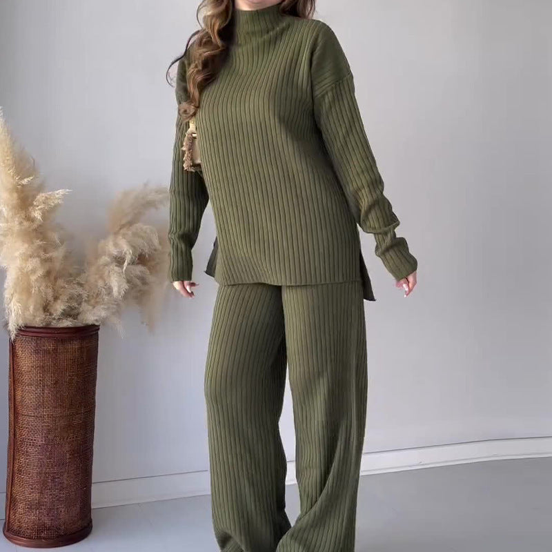 Crew Neck Casual Knitwear Wide Leg Pants Two-piece Set - Green / XS