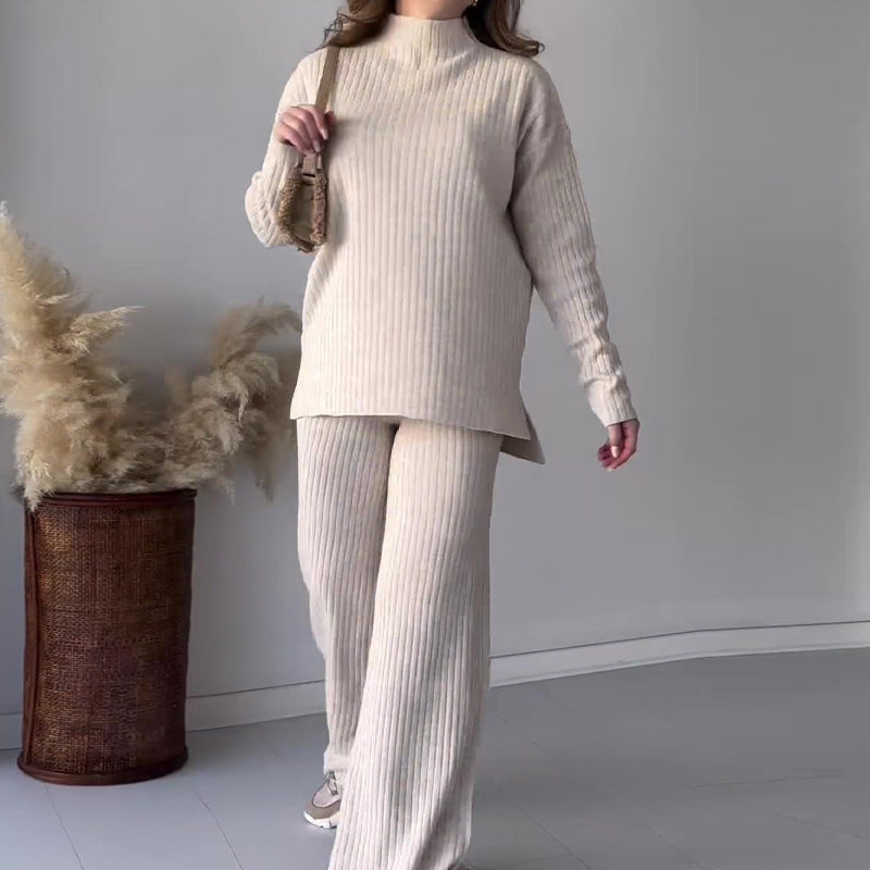 Crew Neck Casual Knitwear Wide Leg Pants Two-piece Set - White / XS