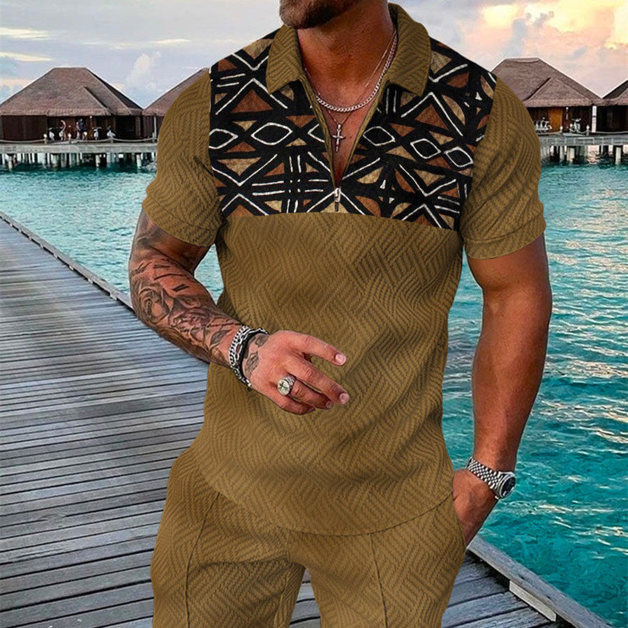 Men’s Summer Fashion 3D Printed Short Sleeve Geometric Zip Lapel Shirt Set
