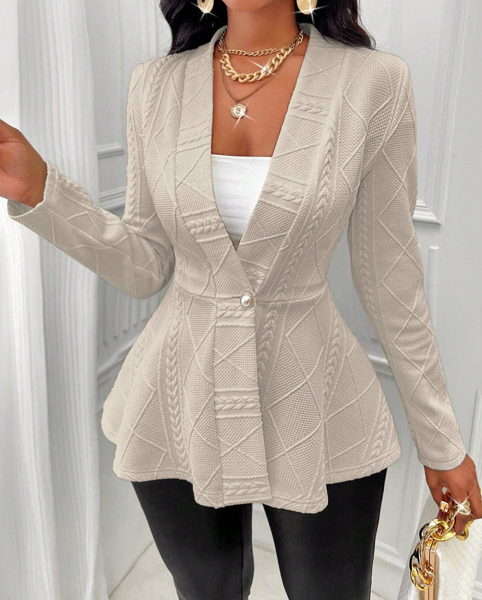 Women Jacquard Texture Single Button Slim-fit Long-sleeved Jacket - Khaki / S